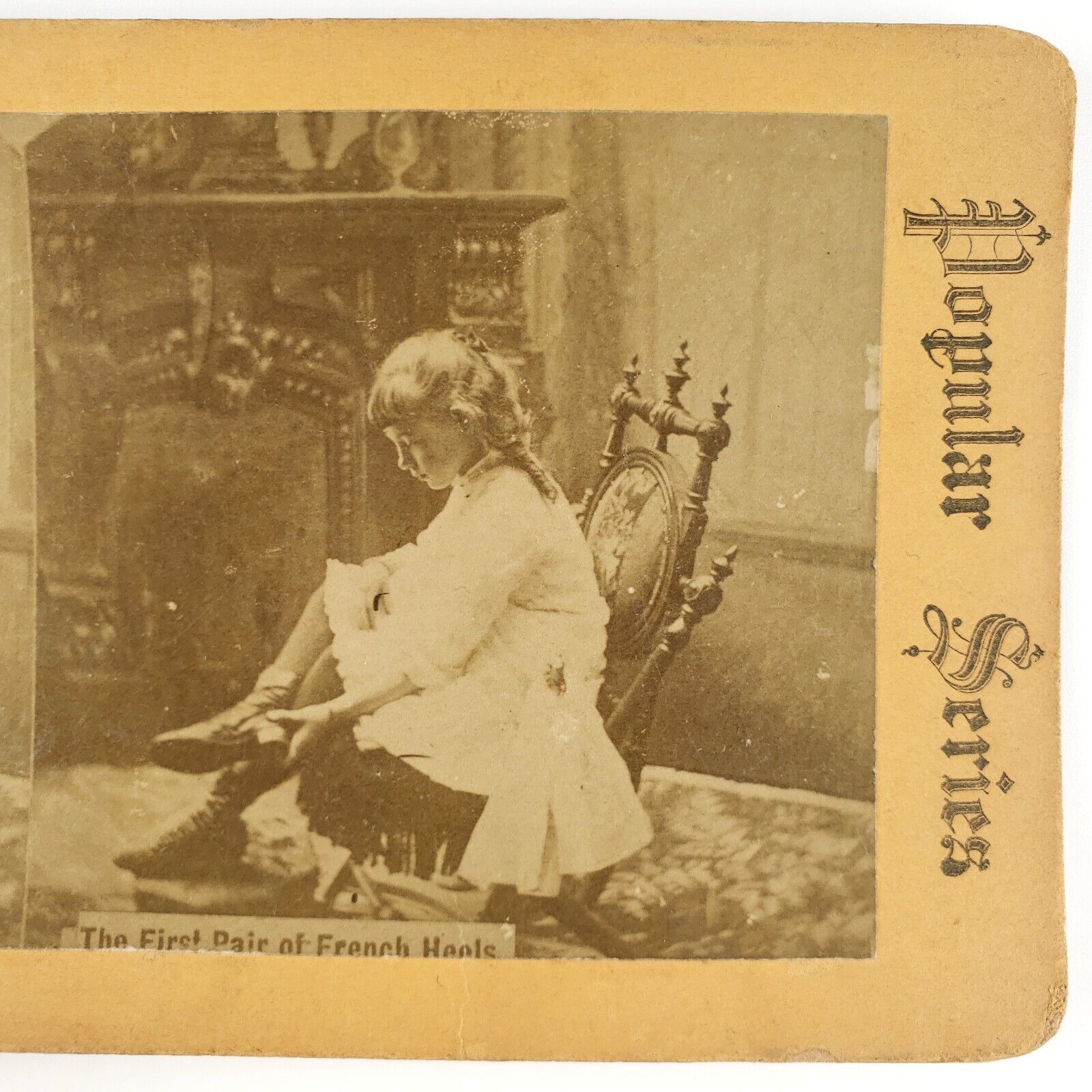 Girl Admiring French Heels Stereoview c1890 Young Woman Dressing Up Photo A1860