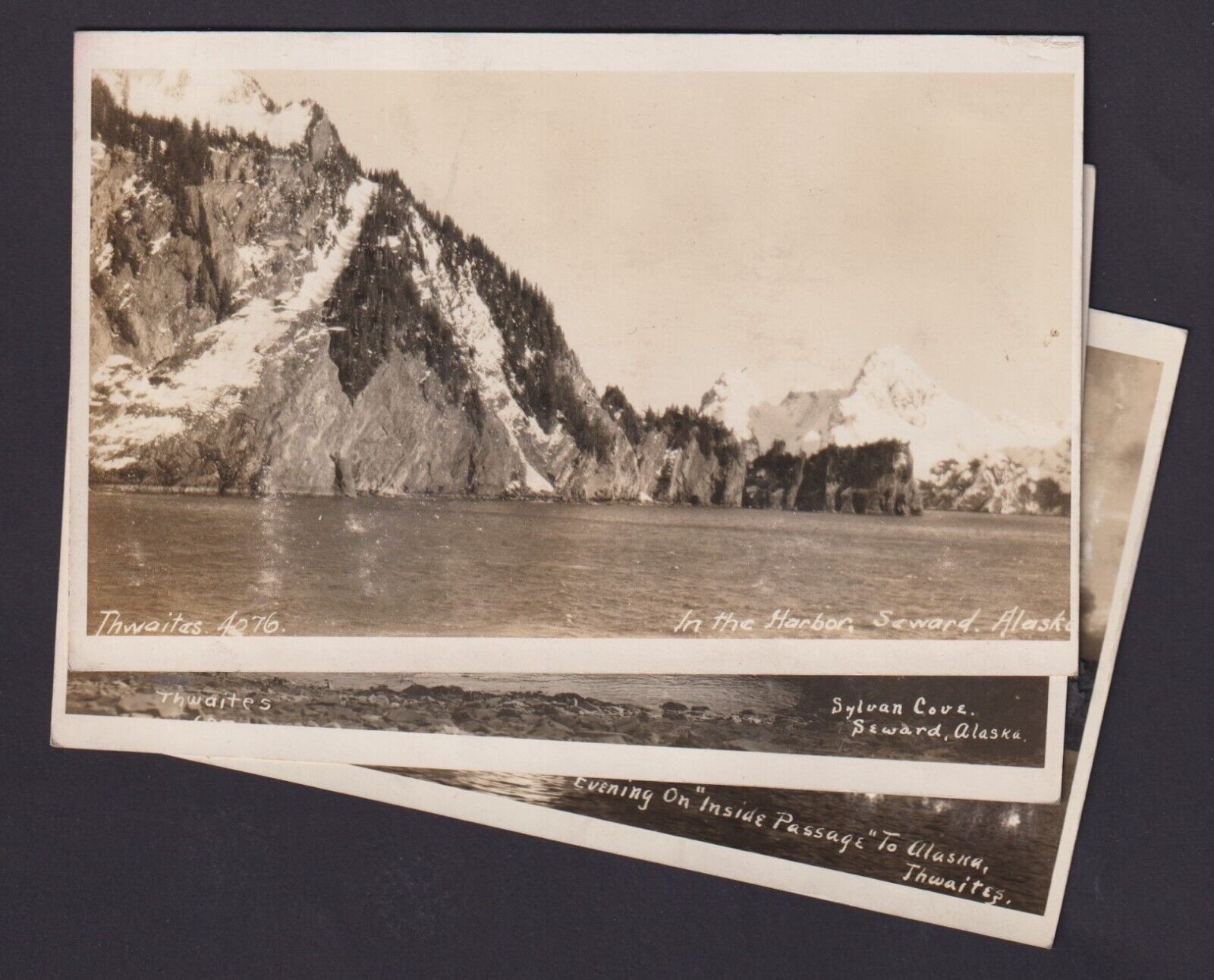 3 RPPC Postcards Harbor & Sylvan Cove Seward, Inside Passage Photos by Thwaites