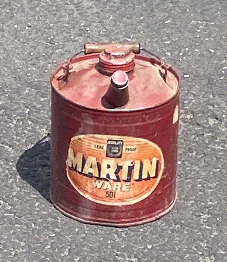 Vintage Red Martin Ware 501 Gas/Kerosene Can ~ Wooden Handle ~ Made in USA