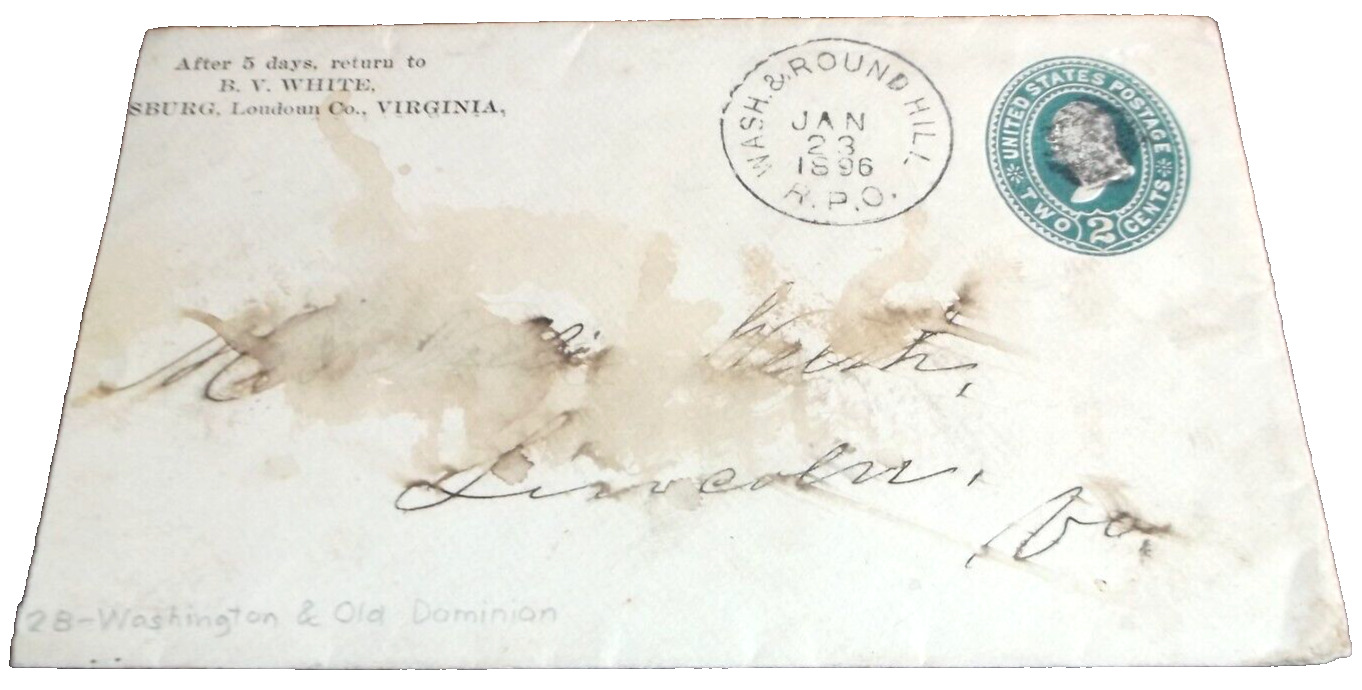 JANUARY 1896 WASHINGTON & OLD DOMINION W&OD RPO ENVELOPE ROUND HILL
