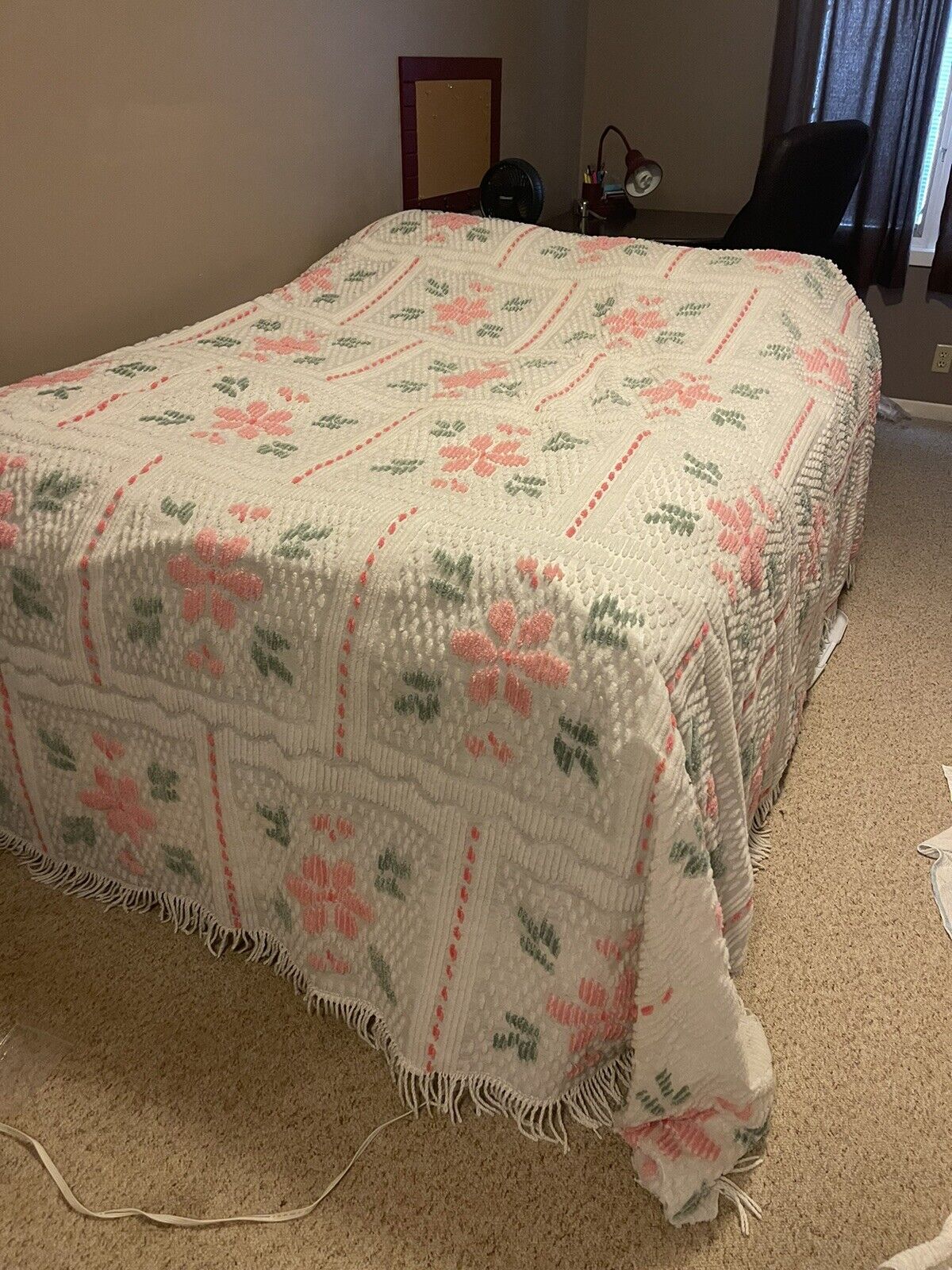 Vintage Chenille Bedspread Off White W/ Pink Flowers Full Size 104” X 92” As Is