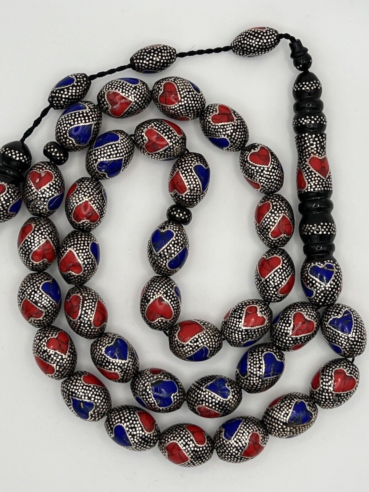 Black Coral Yusr Prayer Beads Inlaid Silver 925 Red Coral And Lapis Lazuli