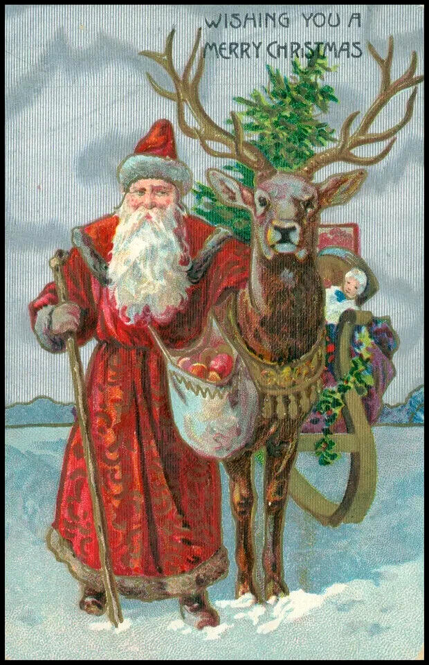Long Red Robe Santa Claus with Big Reindeer~Tree~Antique~Christmas Postcard~k465
