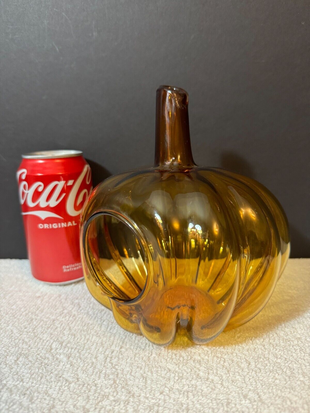 Vintage Hand Blown Art Glass Fall Amber Pumpkin Candle votive Lantern 6” x  6”