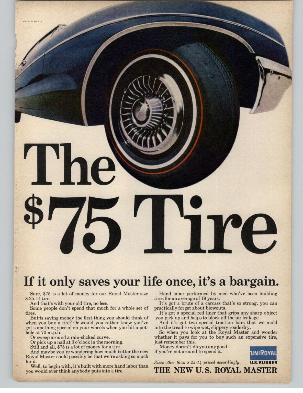 1966 Uniroyal Royal Master White Wall Tire Photo Vintage Magazine Car Print Ad 