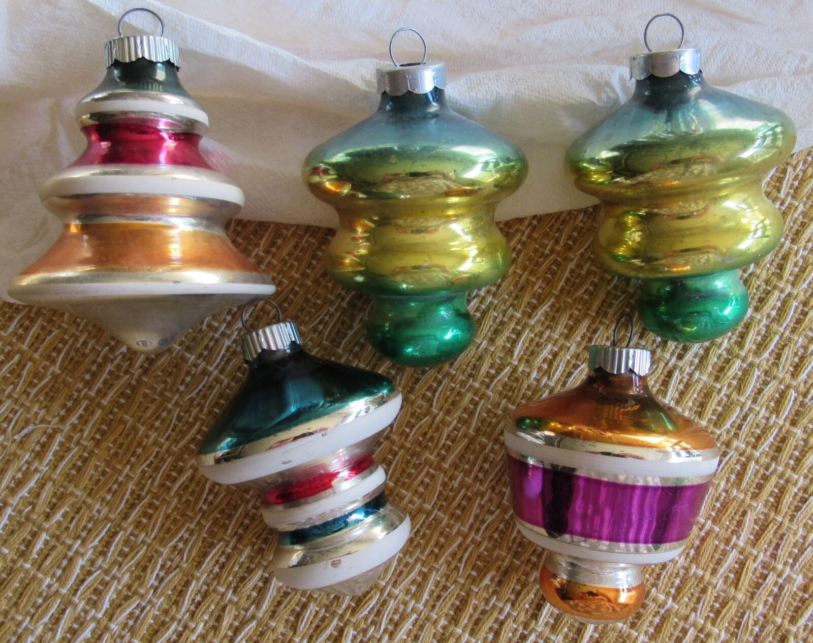 5 SHINY BRITE Lantern Tornado UFO Mercury Glass Christmas Tree Ornaments LOT