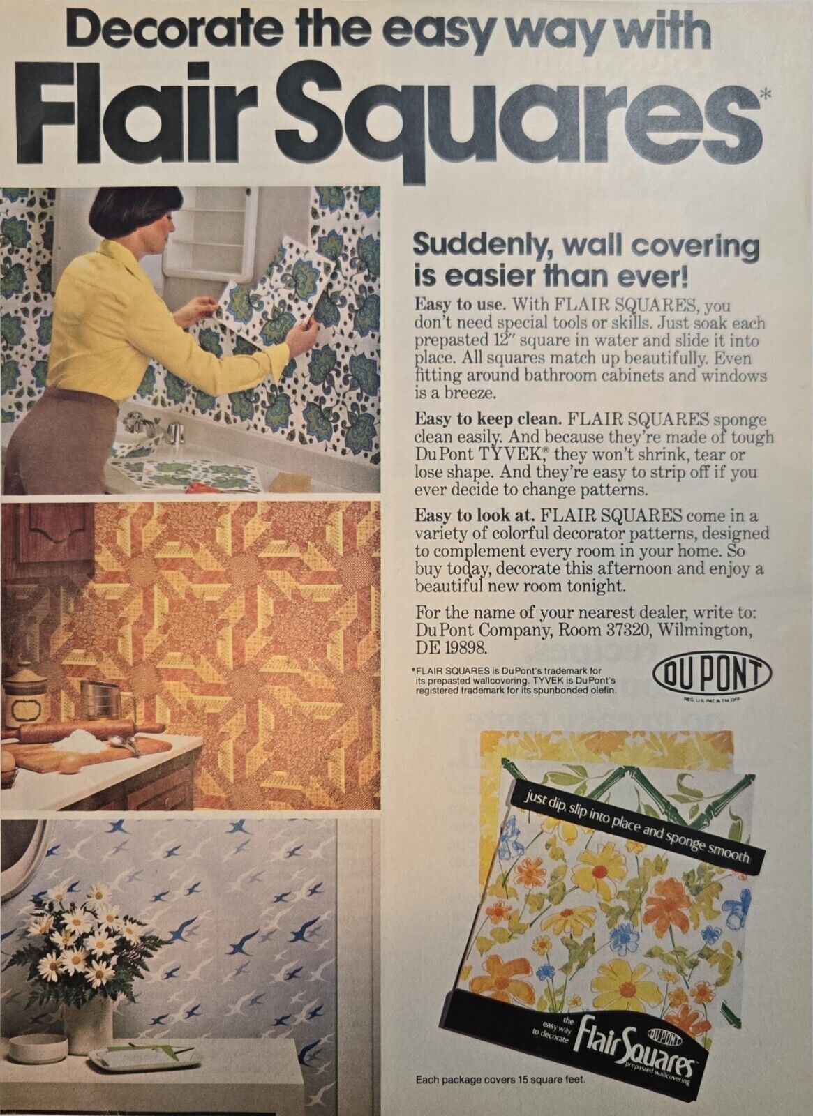 1980 Vintage Print Ad Flair Squares DuPont TYVEK 80s Brunette Woman Decorating 