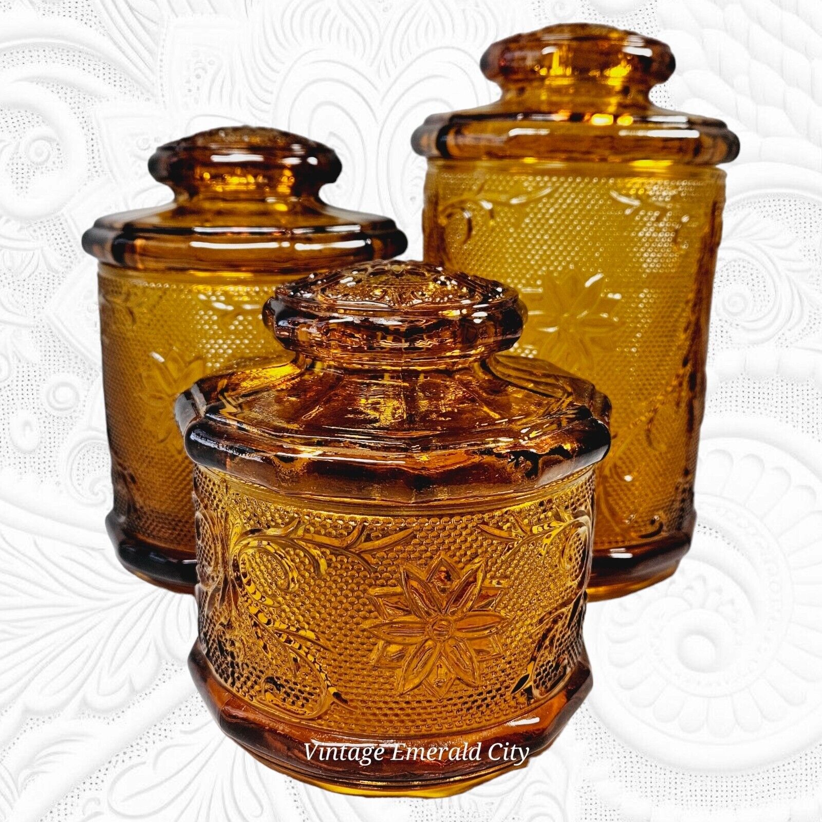 Vintage 3 Piece Tiara Indiana Glass Amber Canister Set 9 / 7 /5.5 Inch with Lids