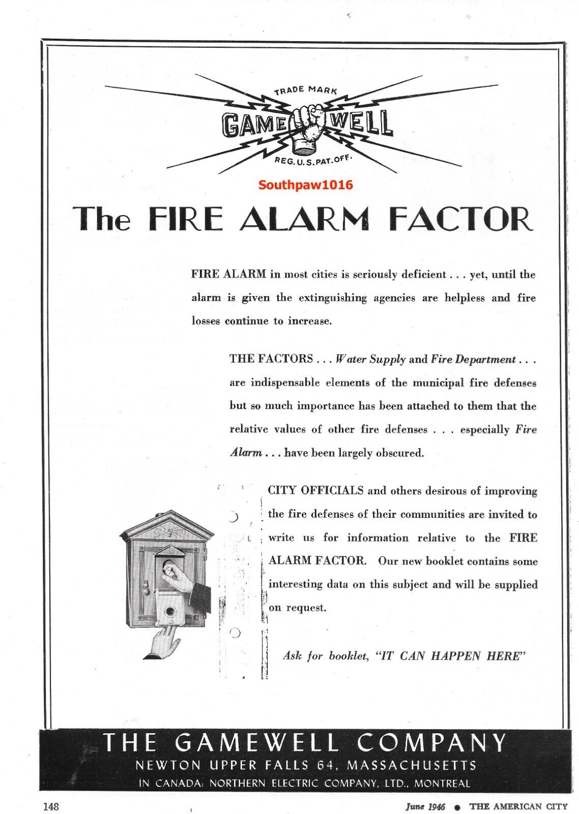 1946 Gamewell Co. 'The Fire Alarm Factor' Fire Alarms Original Print Ad