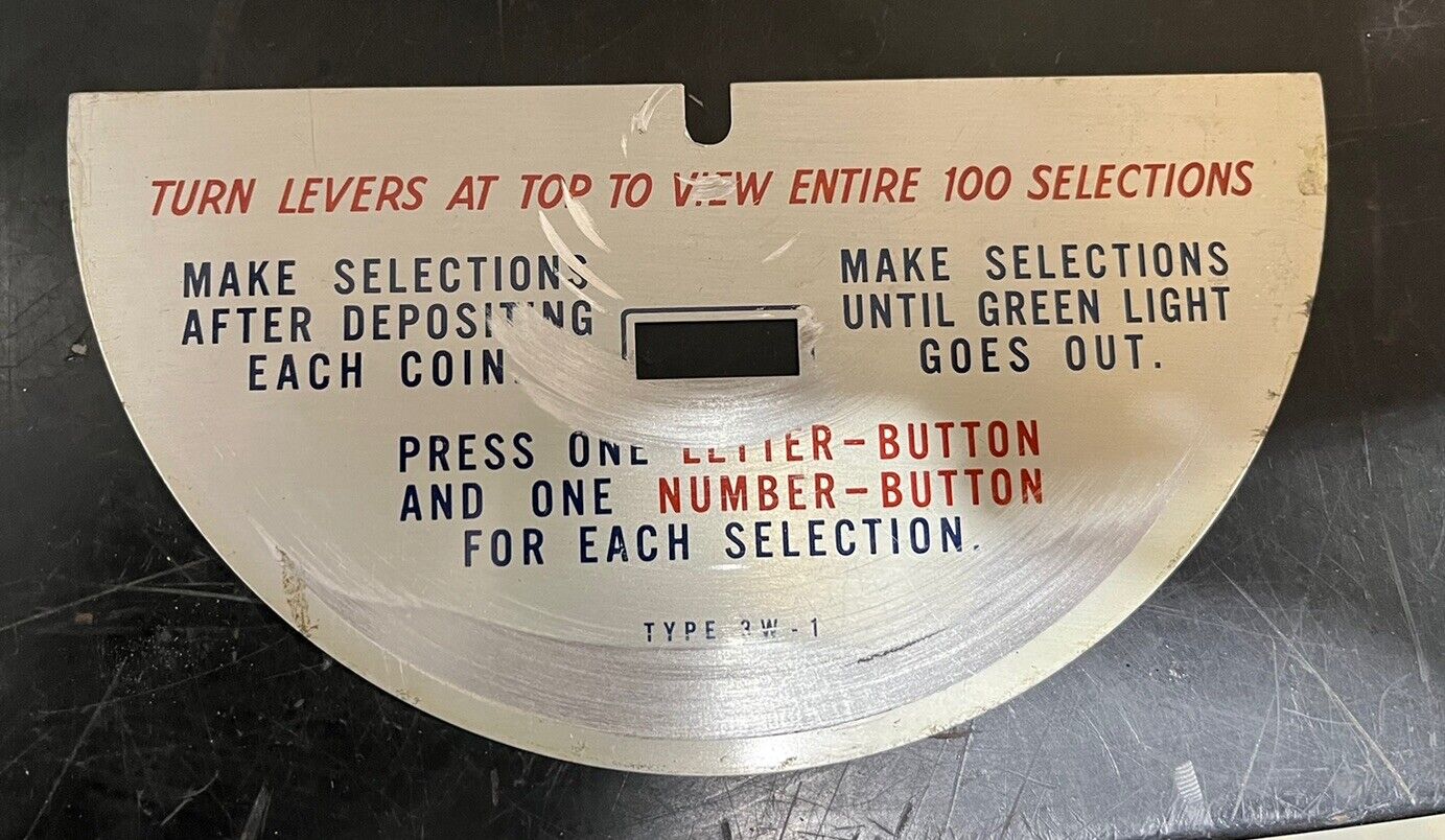 Vintage Seeburg 3W1 Wallbox Metal Instruction Plate - Part #505160 Name Plate