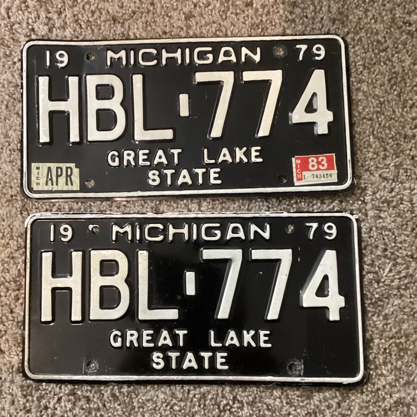 1979 Michigan License Plates matched pair Apr 83 Tags black “Great Lakes State”