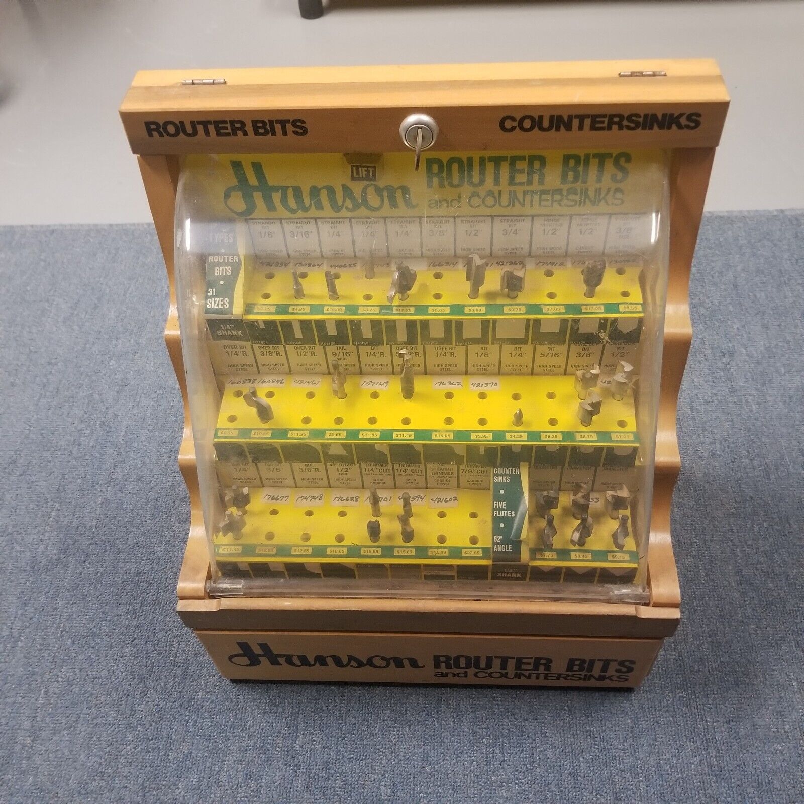 Vintage Hanson Router Bits Hardware Store Display Case w/ Key & Misc. Bits