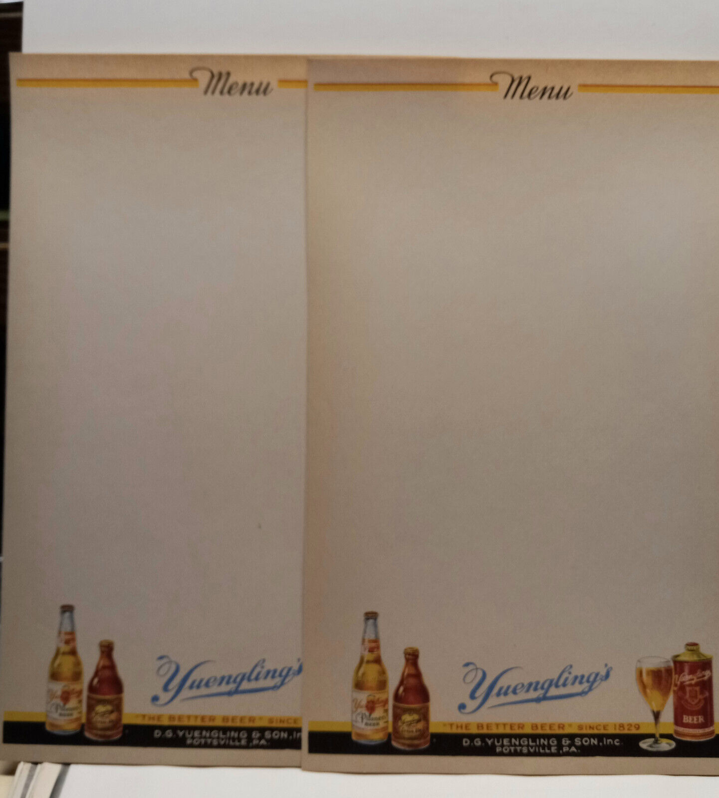 1940s Yuengling Menu Cover +2 Sheets+2 Bavarian Beer Pottsville Pa USA