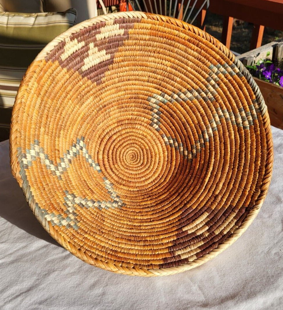 Large 14” Hand Woven Multi-Color Native American Design Coiled Tray Basket