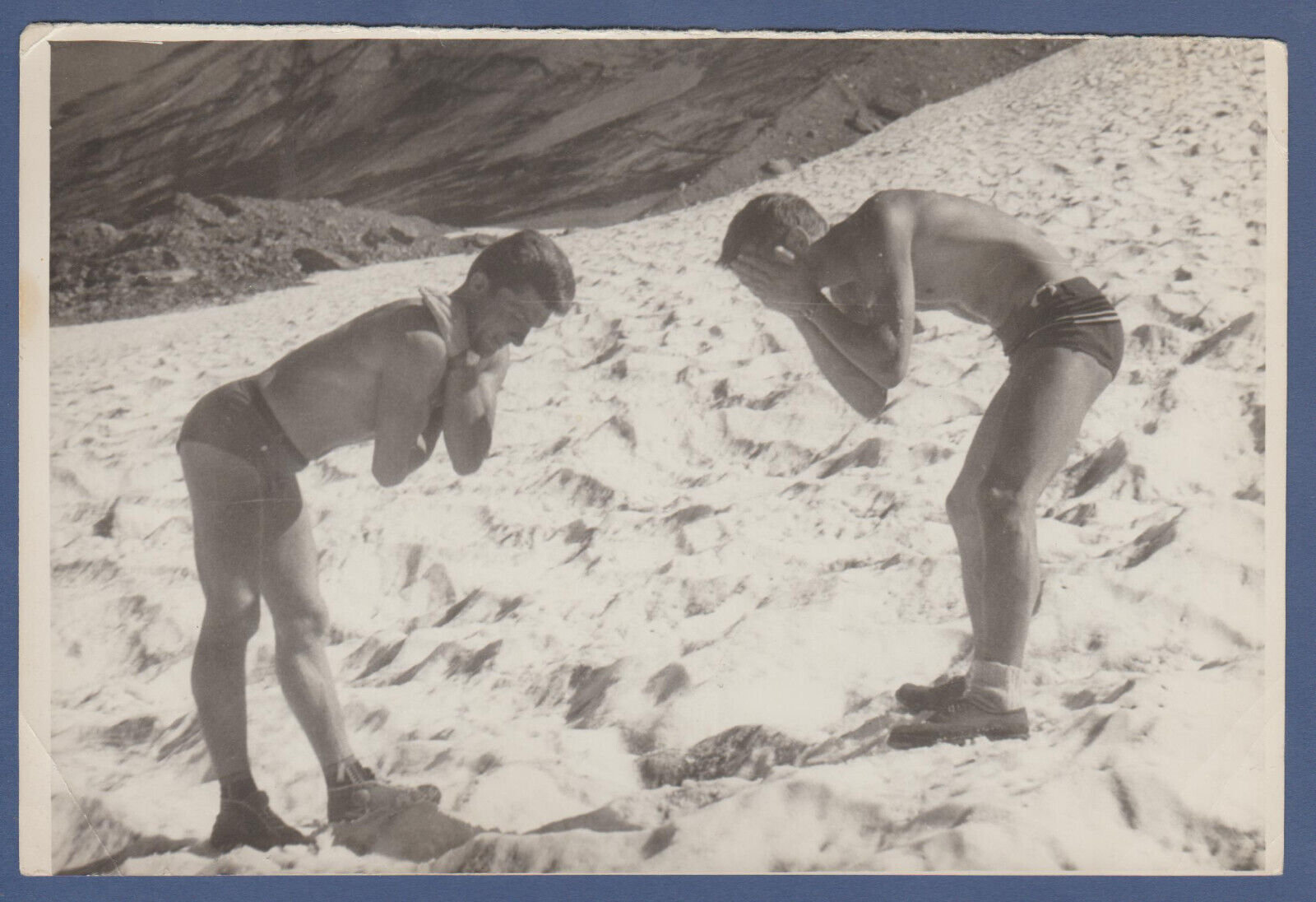 Shirtless guys in trunks on the snow in mountains naked torso gay int Old Photo