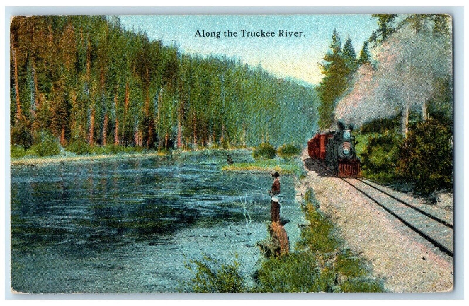 c1910 Along Truckee River Locomotive Train Denver Colorado CO Vintage Postcard