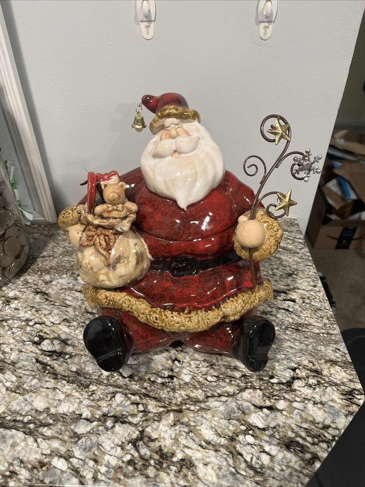 Old World Santa Claus Cookie Jar Winter Access Jingle Bell Hat Ceramic