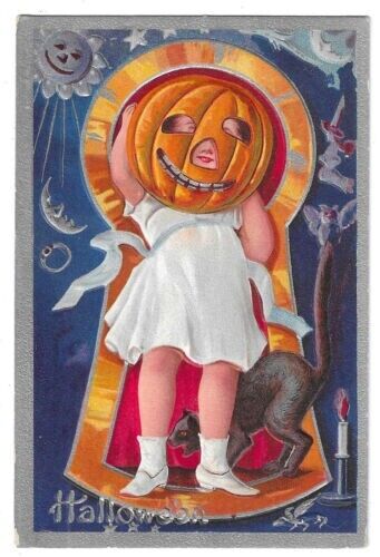 Antique Halloween~Postcard~Girl In Keyhole~ JOL Pumpkin Head~Cat~Bat~Witch~k-29