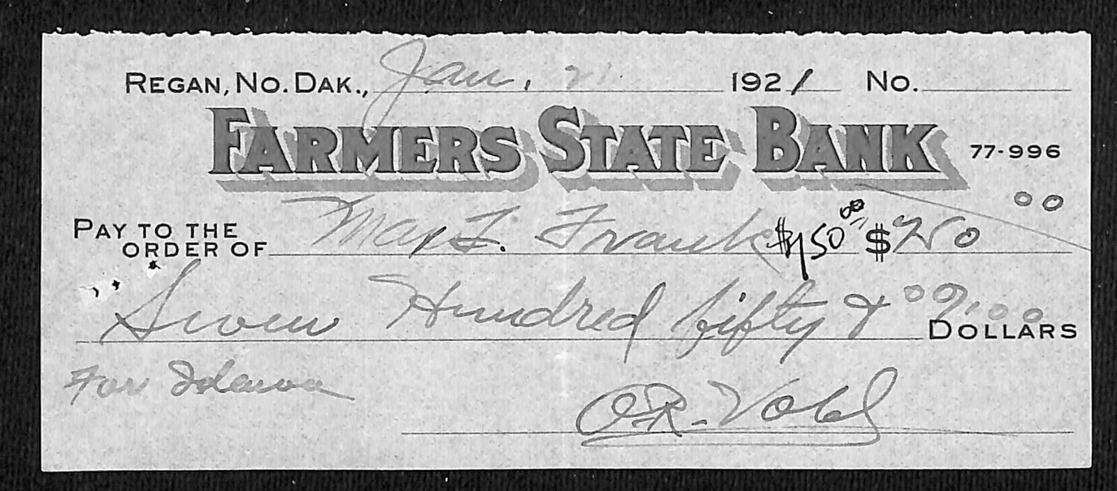 Regan, Dakota Farmers State 1921 Small Bank Check 