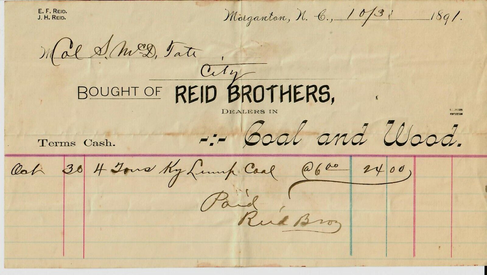 RARE “Sixth NC Regiment” Samuel McDowell Tate Hand Signed Receipt Dated 1891
