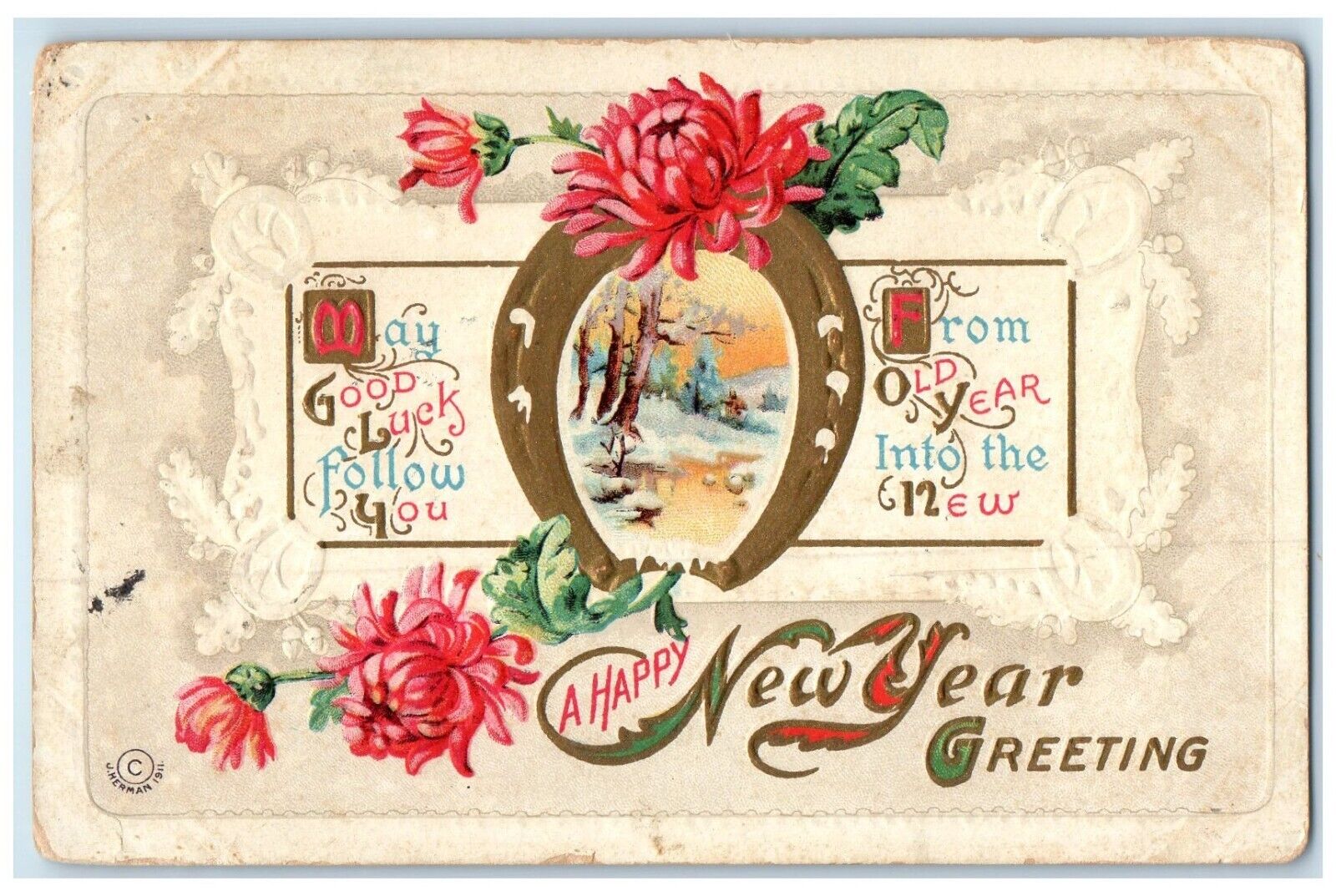 1911 New Year Greeting Horseshoe Flowers Winter Embossed Eddystone PA Postcard