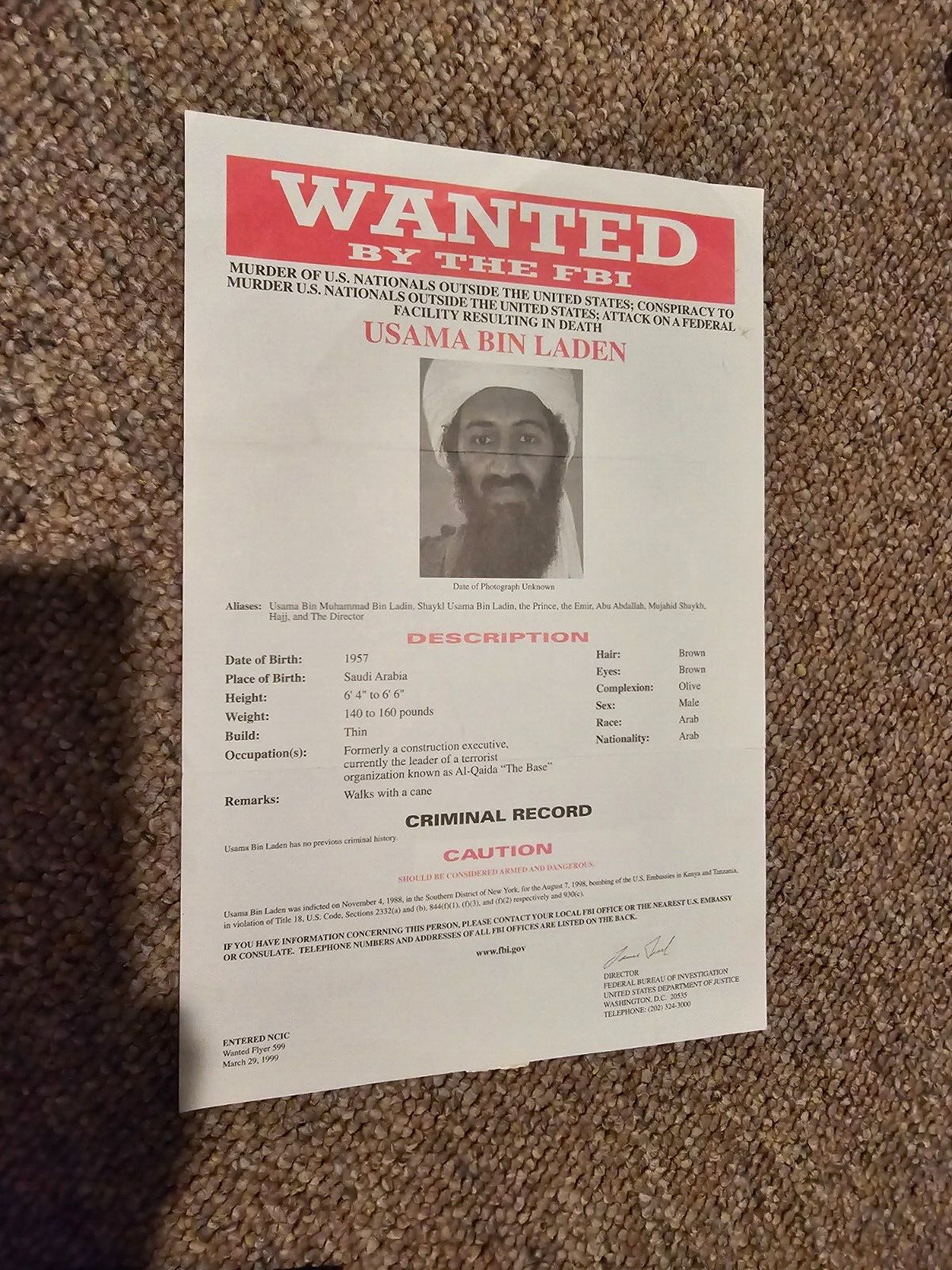 Rare Original FBI Wanted Poster Usama Osama Bin Laden 1999 PRE- 9/11