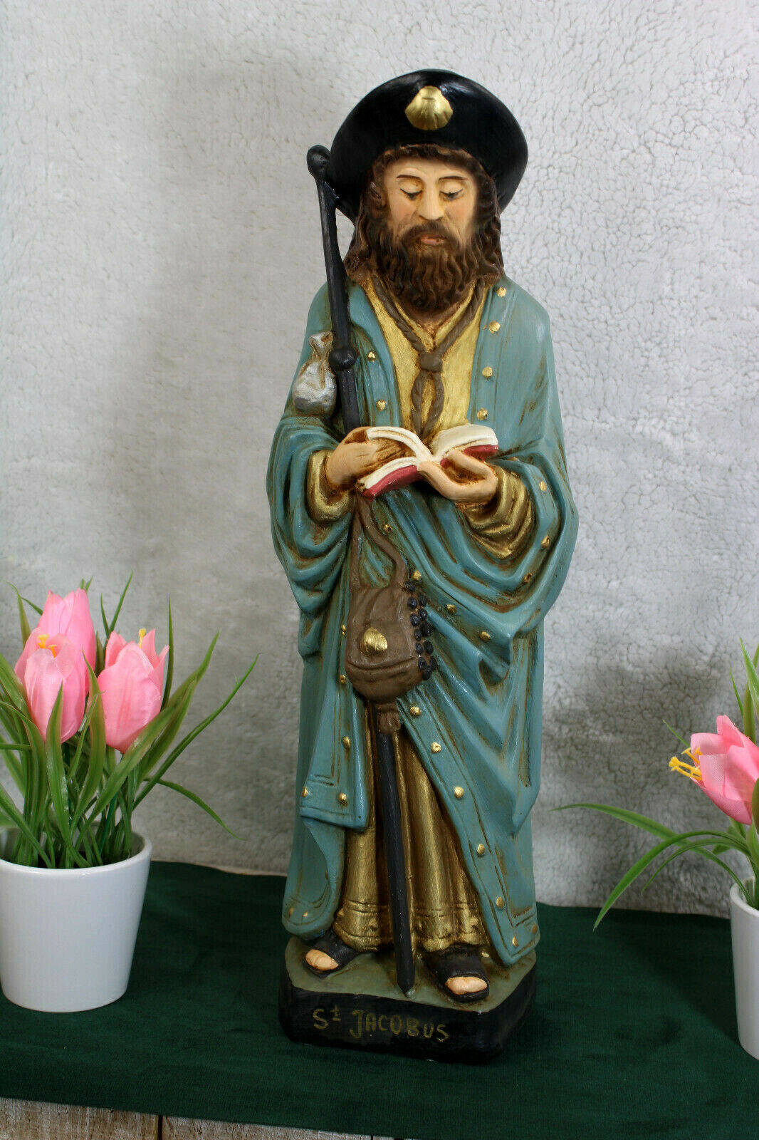 Antique Rare french religious church chalkware statue Saint JACOBUS 
