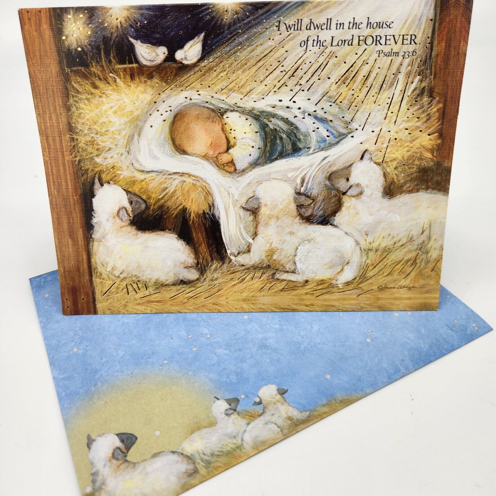 One LANG Linen Christmas Card Envelope+Stamp FOREVER Baby Jesus Manger S. Winget