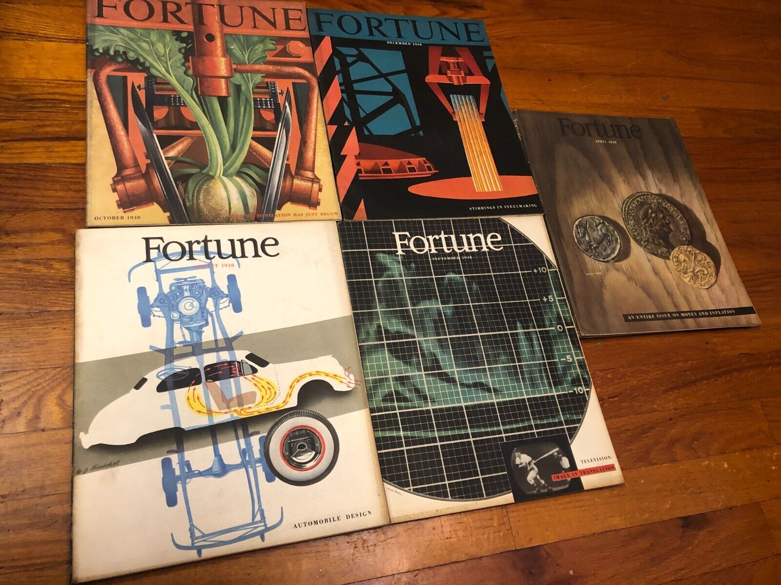5 Vintage FORTUNE MAGAZINES from 1948 aug/apr/oct/sept/december Complete