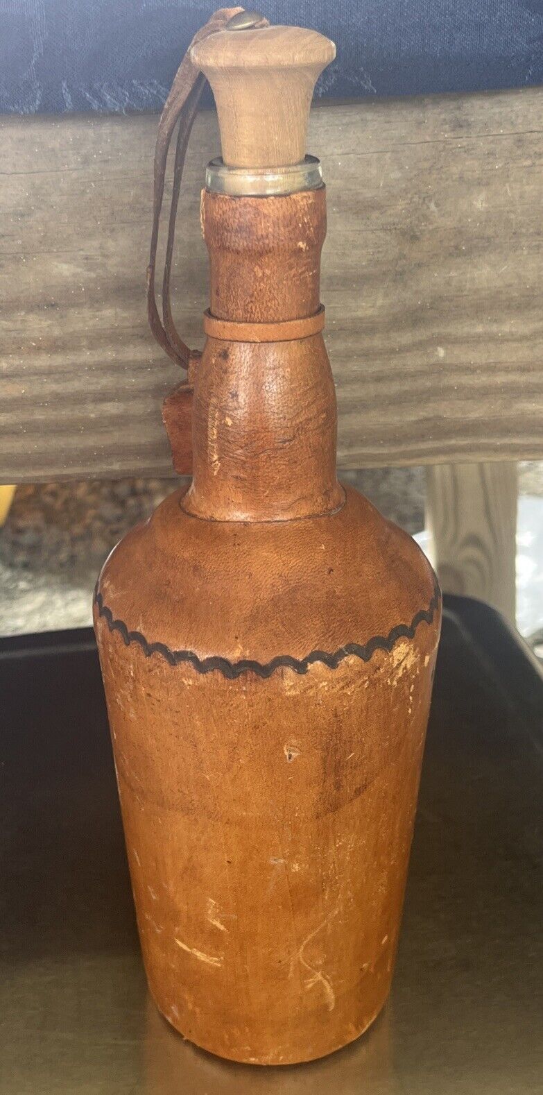 Vintage Leather Covered Wine Bottle Bar Decanter 10 Inch