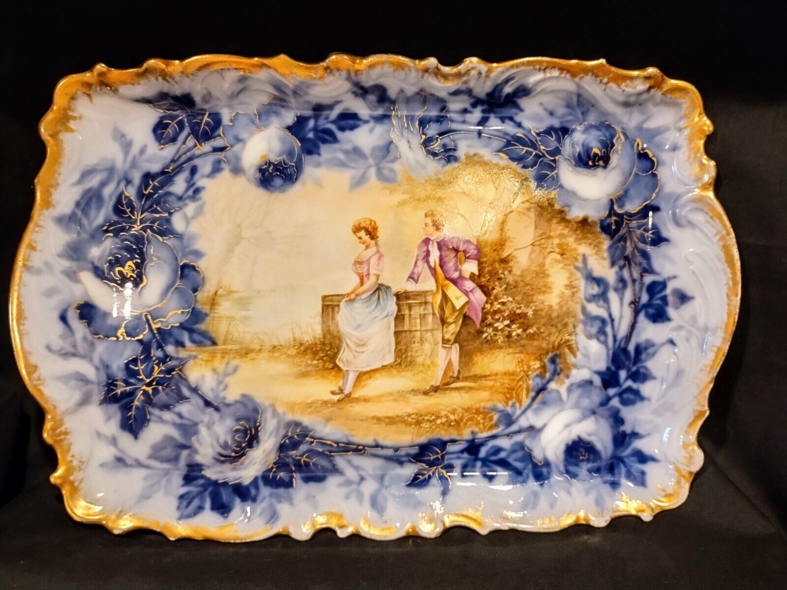 Antique Elite Limoges France DRESSER TRAY Flow Blue Roses Courting Couple Scene