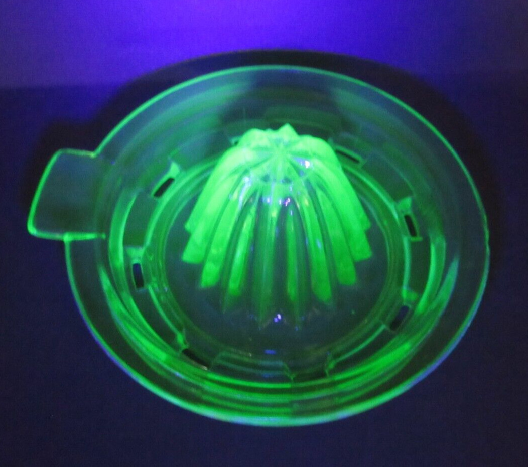 Vintage Green Glass Juicer Uranium Glow Depression Era 5.25