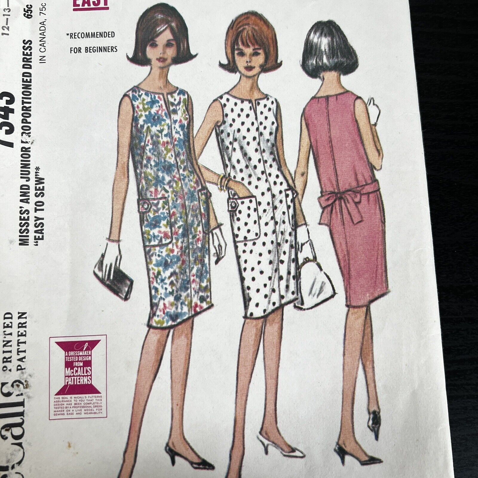 Vintage 1960s McCalls 7343 Mod MCM French Dart Dress Sewing Pattern Medium UNCUT