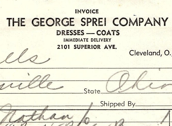 1939 THE GEORGE SPREI COMPANY CLEVELAND OH DRESSES COATS BILLHEAD INVOICE Z2718