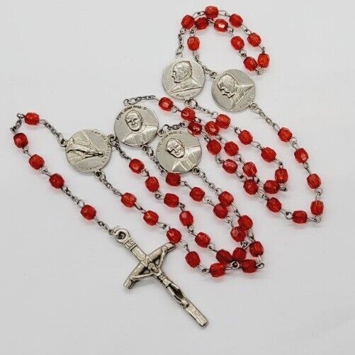 Vintage Pope John Paul II Rosary Prayer Beads Red Faceted Beads Silvertone 22 in