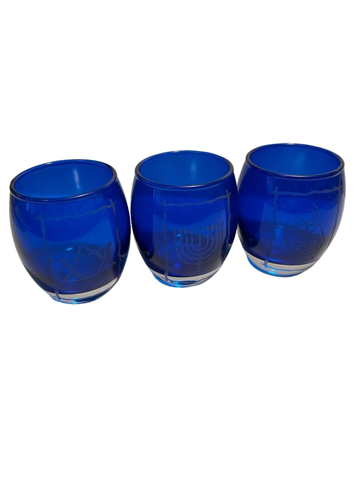 Party Lite Cobalt Blue Glass Hanukkah Candle Votive,  Star of David & Dreidel
