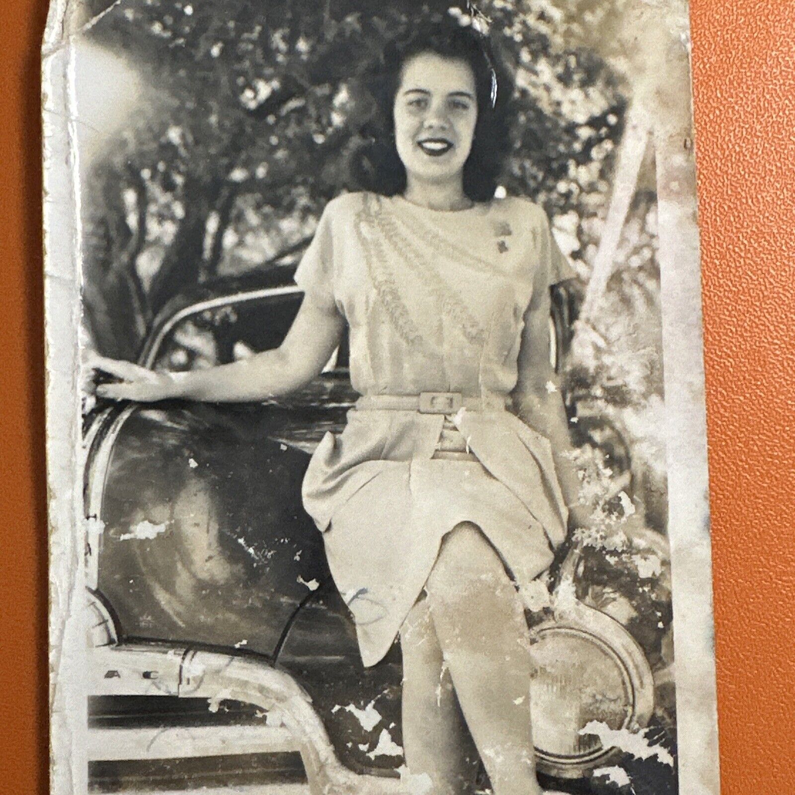 VINTAGE PHOTO beautiful brunette woman on hood of Classic car, Original Snapshot