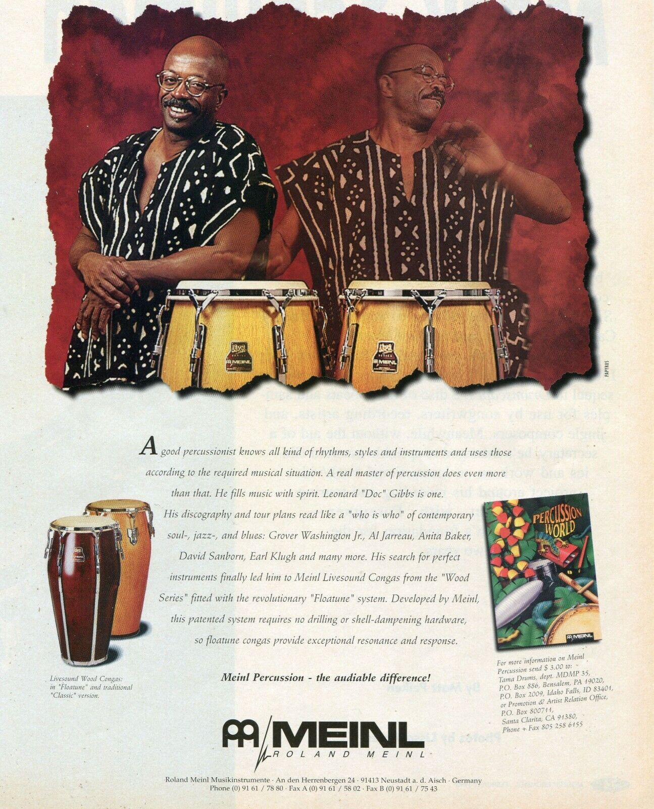 1995 Print Ad of Roland Meinl Livesound Wood Congas w Leonard Doc Gibbs