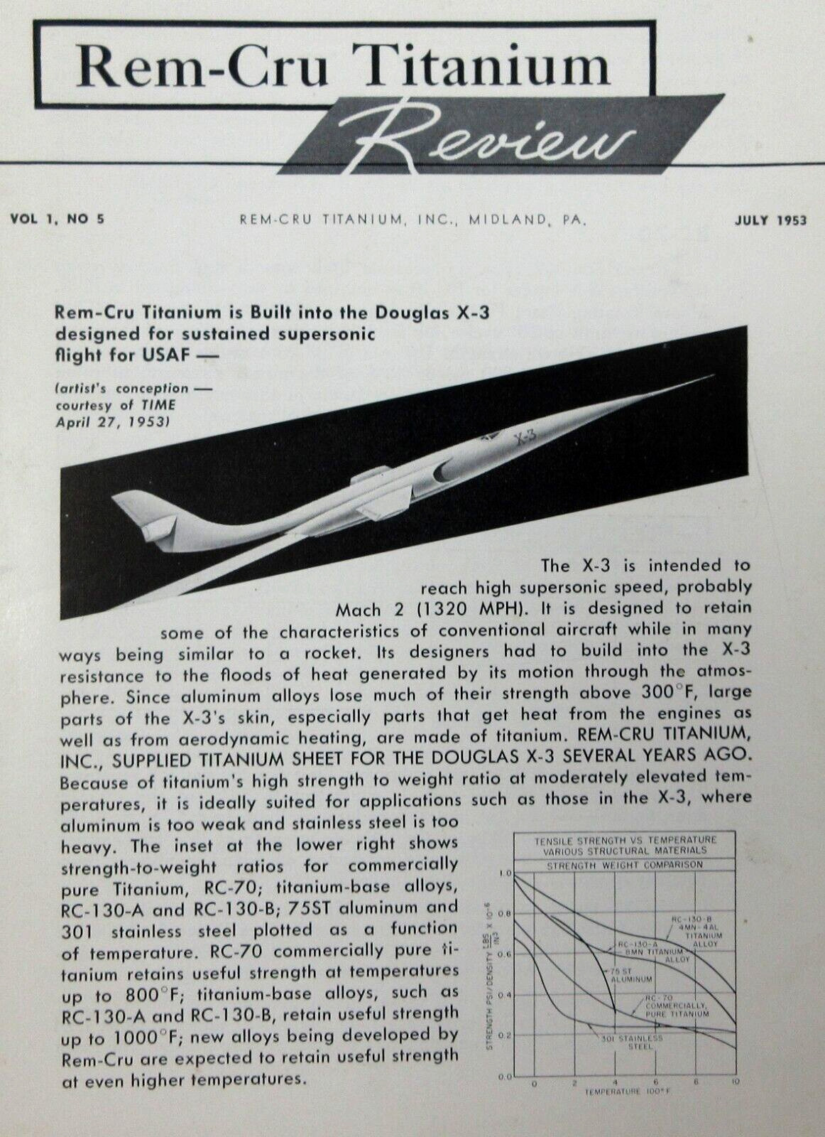 USAF Douglas X-3 Experimental Test Aircraft Rem-Cru Titanium Newsletters 1953