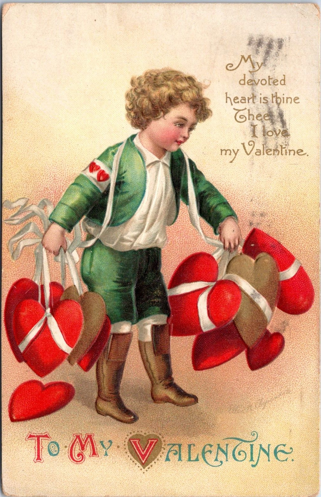 1911 Valentines Postcard - Ellen Clapsaddle a/s- Boy carrying Hearts on ribbons