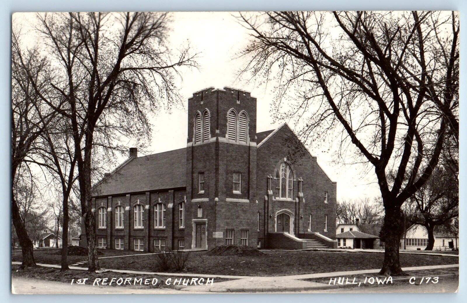 Hull Iowa IA Postcard RPPC Photo 1st Reformed Church Scene Street c1940s Vintage