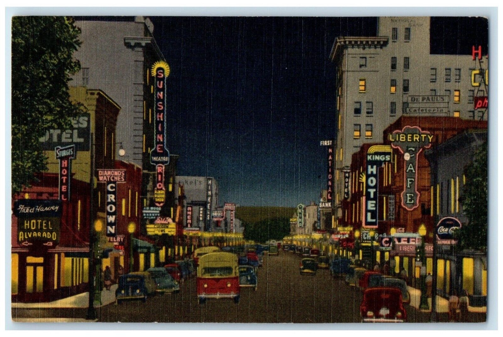 c1940 Central Ave. Looking West Night Albuquerque New Mexico NM Vintage Postcard