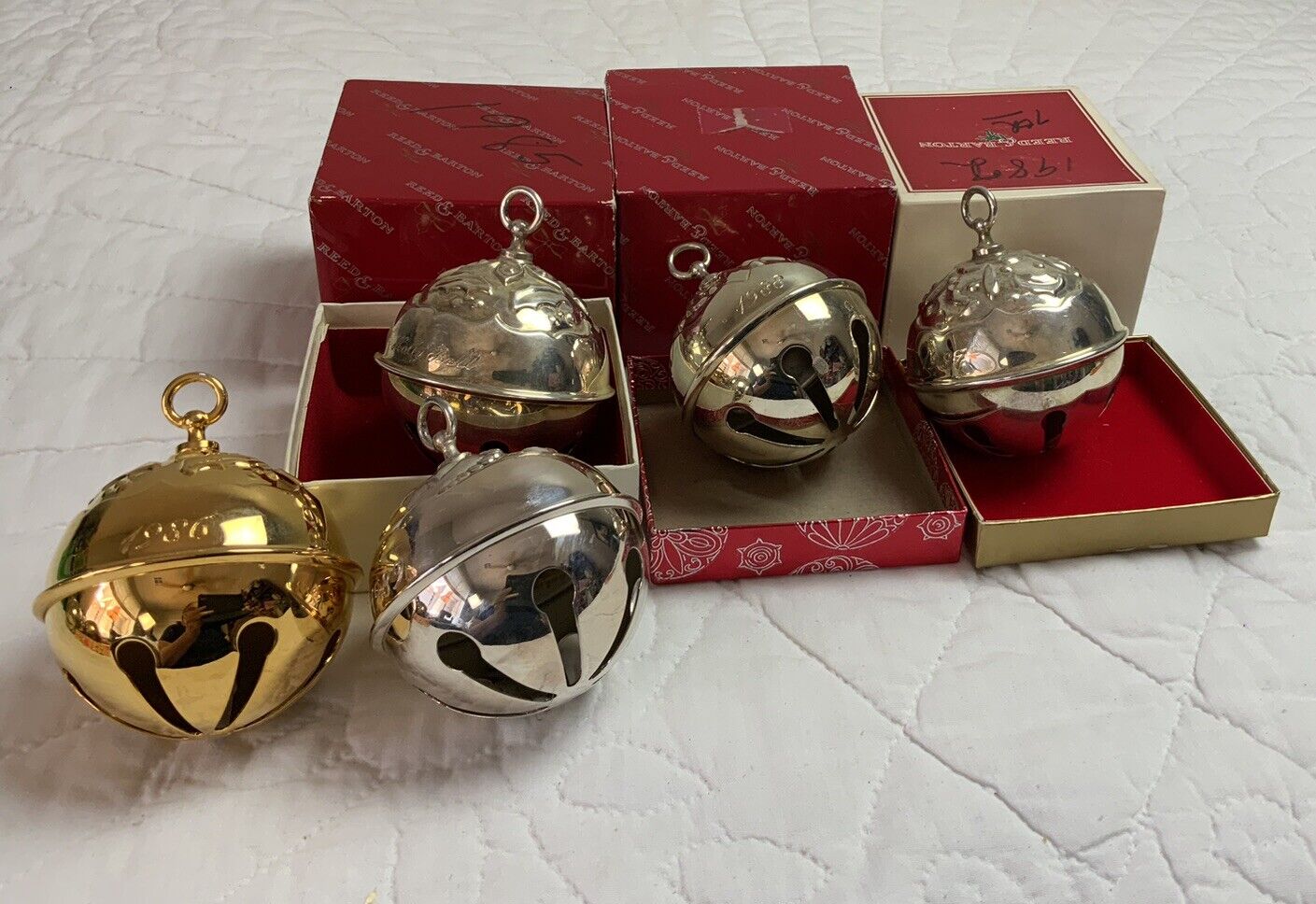 5 Vintage Christmas Sleigh Bells, Reed & Barton, Silver Plate, 1986 - 1989