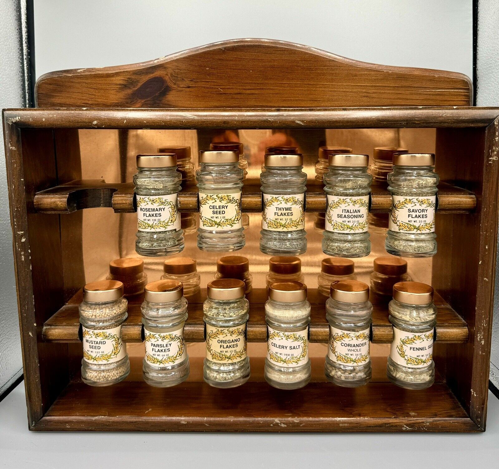 Vintage 12 Glass Jars Spice Set w/Cooper Lids in Wooden Rack W/Copper Back NEAT