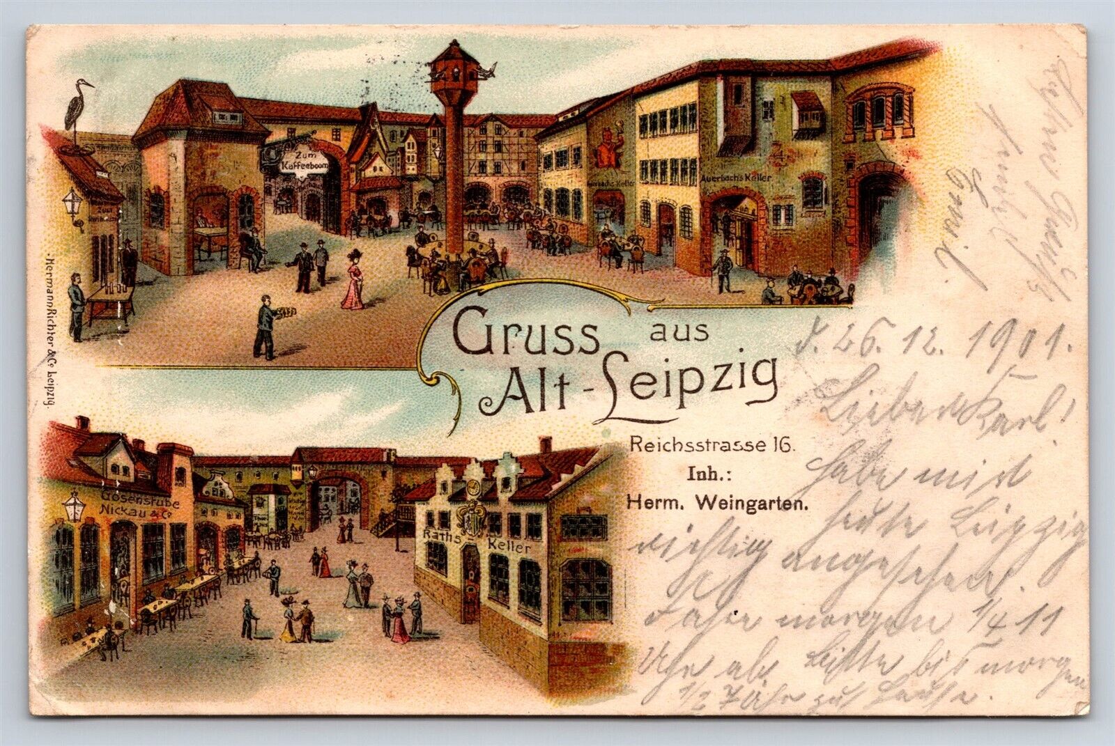Postcard Germany Gruss aus Alt Leipzig Reichsstrasse Litho Vignettes c1901 AD30