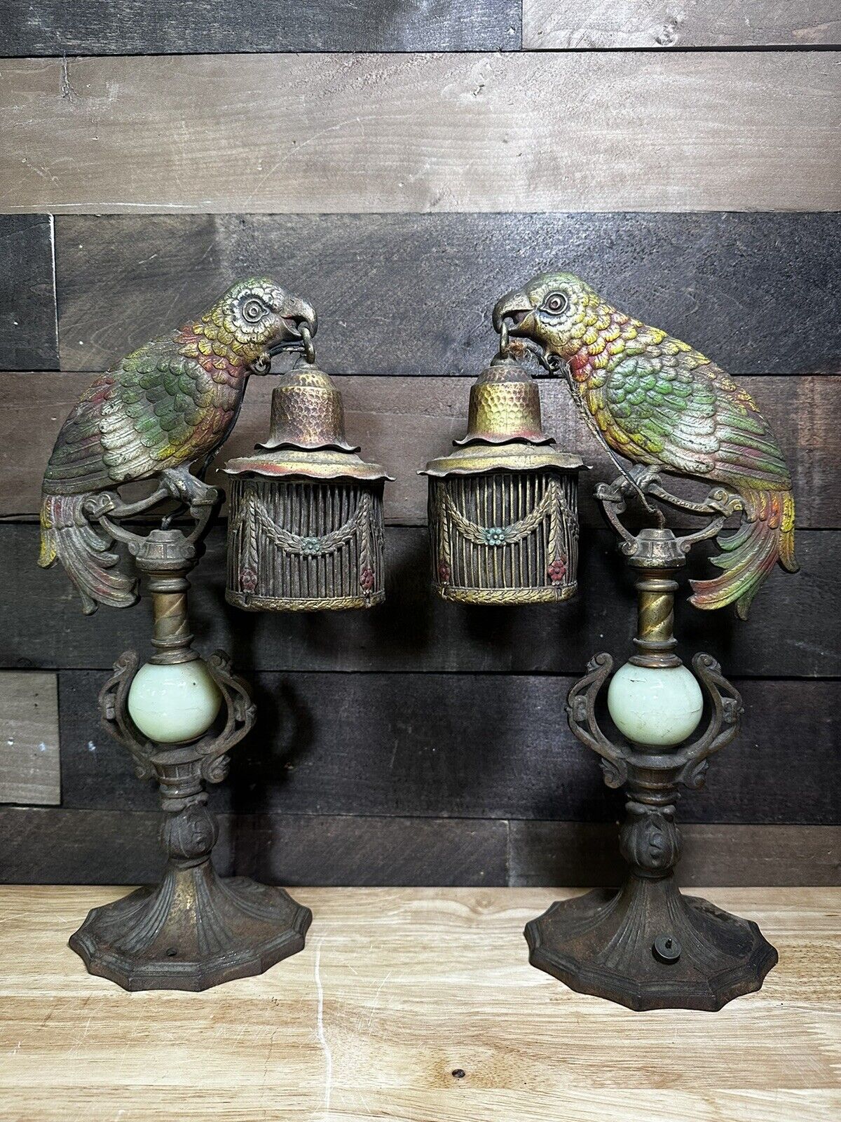 Antique Art Deco Cast Metal Parrot Table Lamps Pair