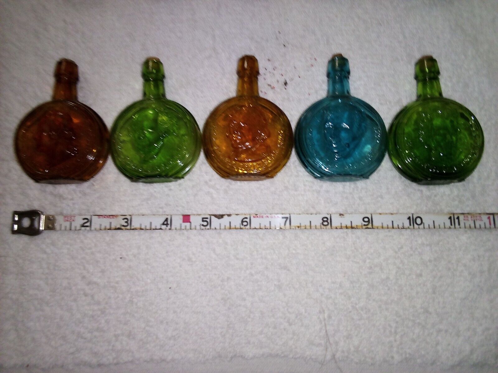 Vintage Early American Presidential Colored Glass Bottles (5) Taiwan Repro. NOS