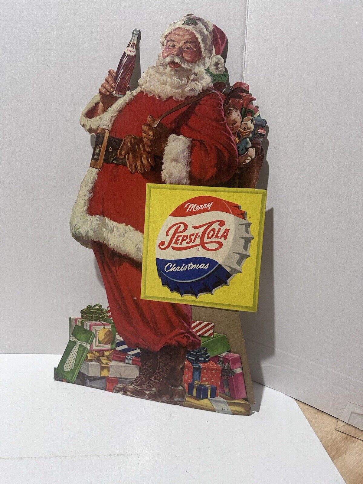 Vintage Pepsi Cola Sign Bottle Cap Santa Christmas Cardboard Sign 19”