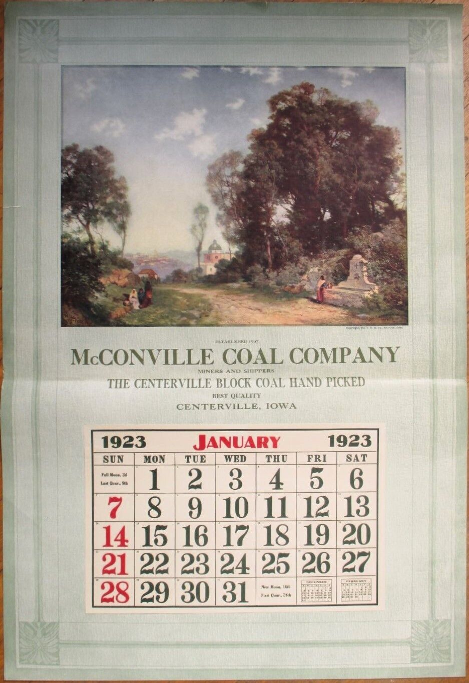 Centerville, IA 1923 Advertising Calendar 22x32 Poster, McConville Coal, Iowa