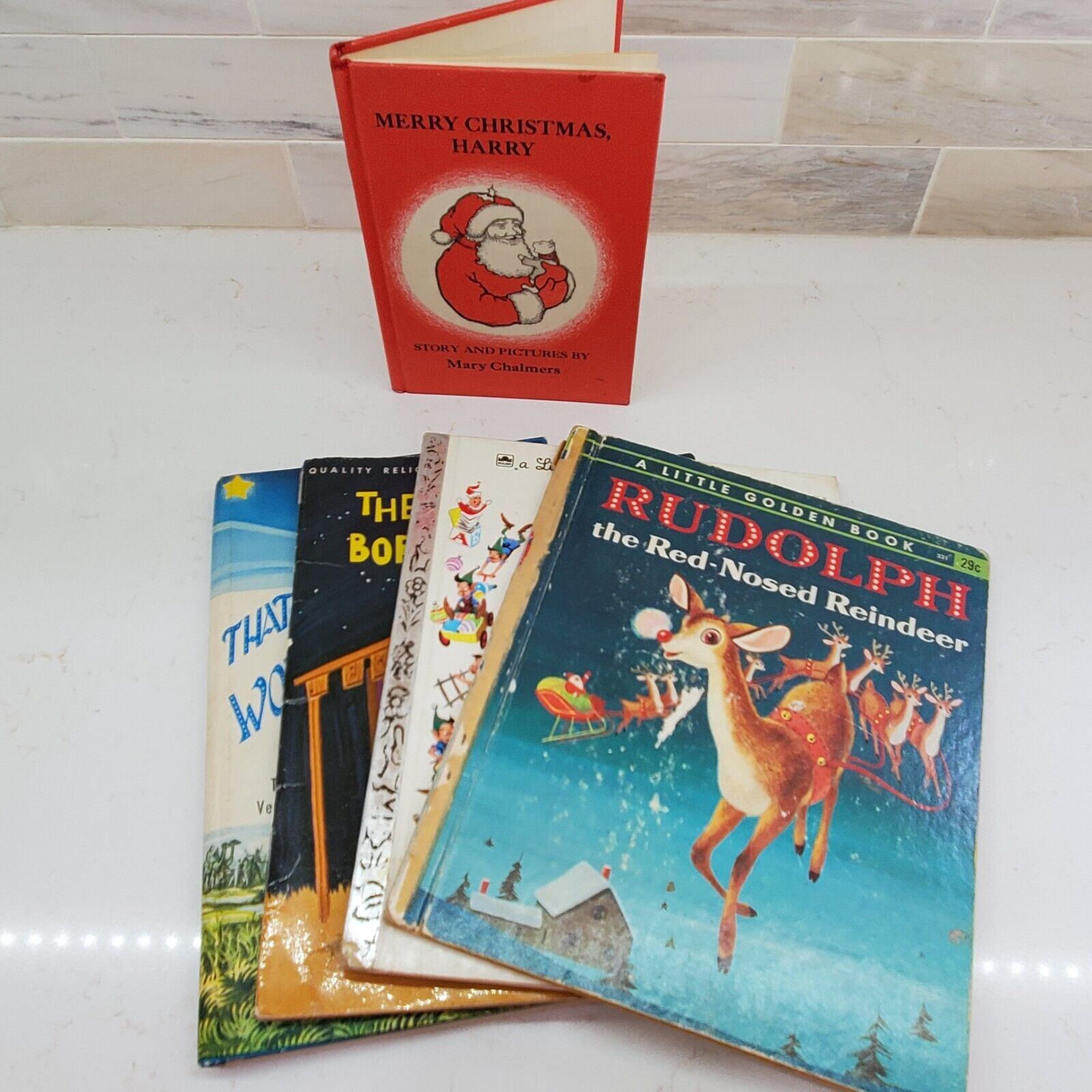 Vintage First Edition Christmas Holiday Children Books Bookshelf Santa Christian